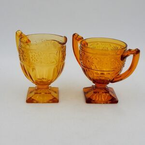 Indiana Glass Amber Daisy Sandwich Footed Creamer Open Sugar Bowl 2 Piece Set